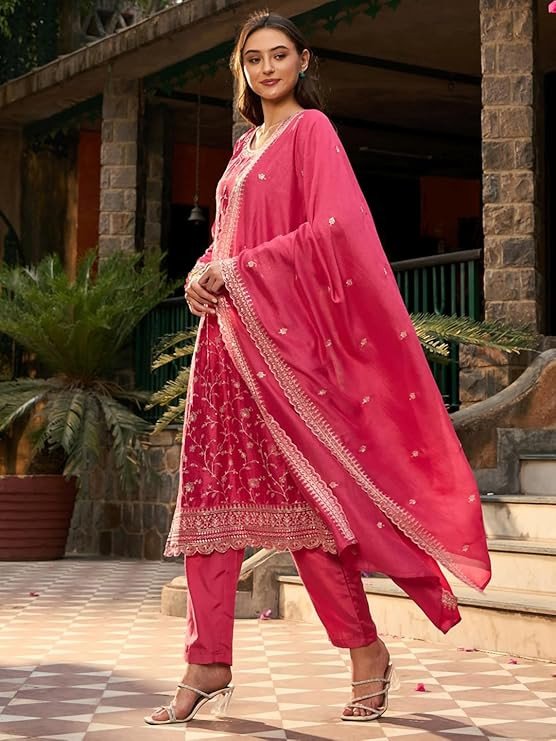 INDO ERA Women's Embroidered Silk Blend Calf Length Straight Kurta Pant With Dupatta Set
