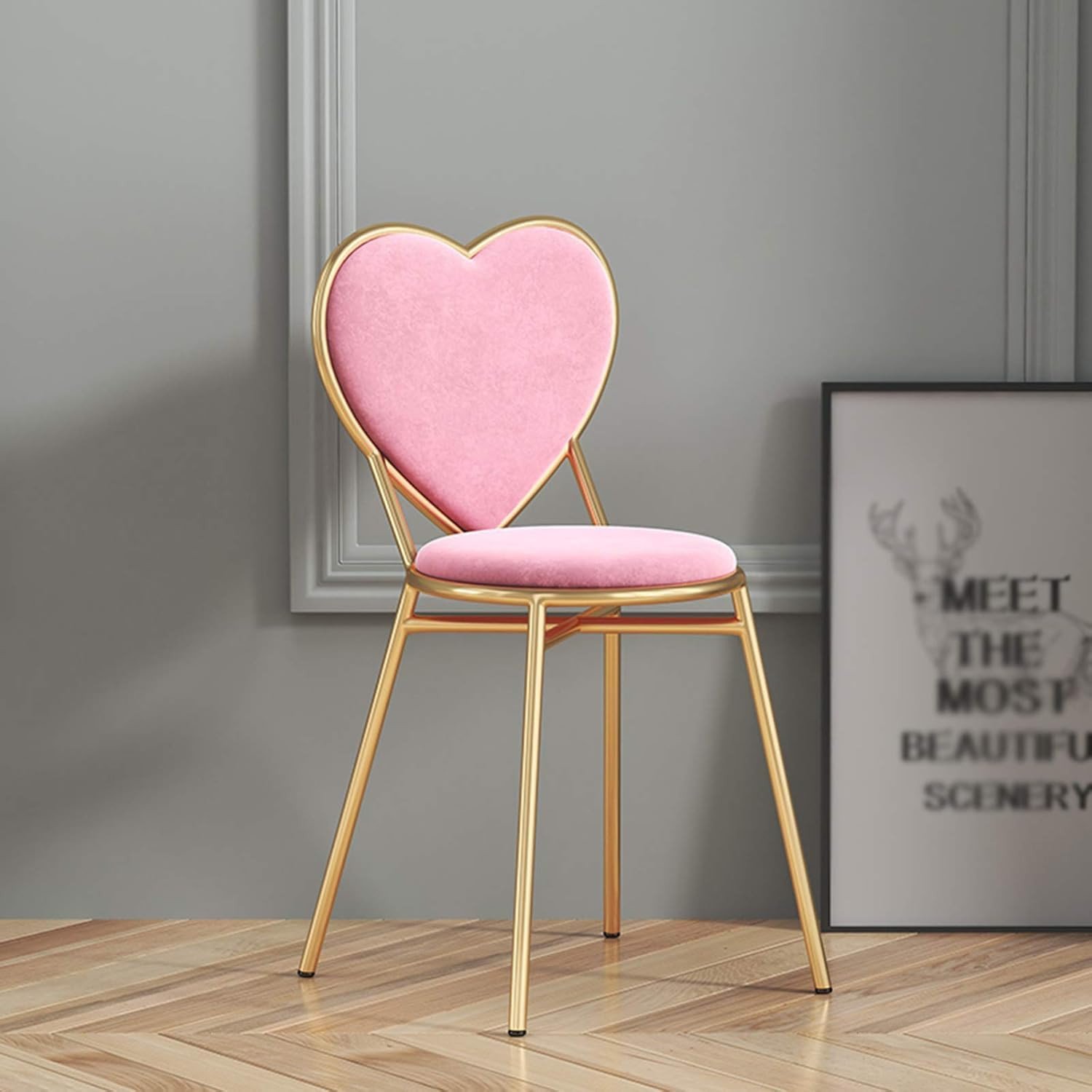 Alenz The Craft Heart Shape Back Velvet Desk Chair Make Up Chair Girls Women Bedroom Furniture Round Ottoman with Gold Metal Legs for Home