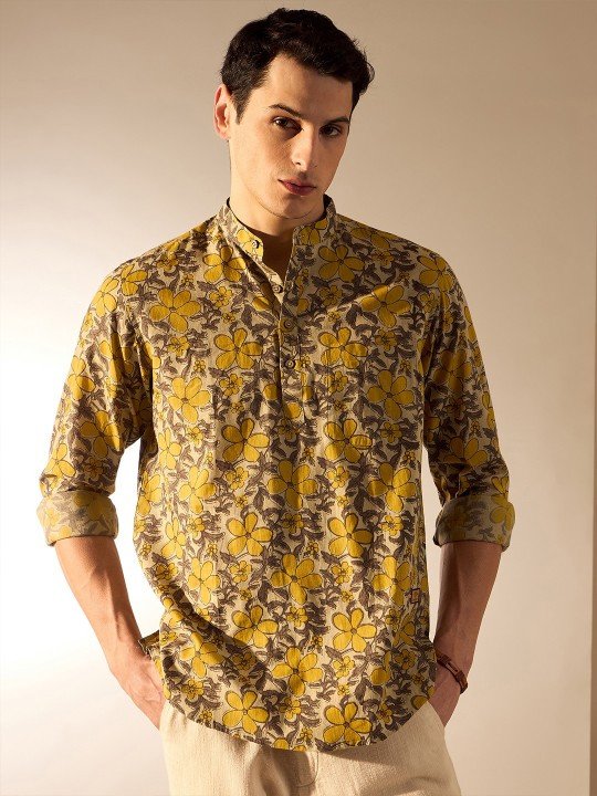 Floral Hand Block Printed Mandarin Collar Cotton Short Kurta