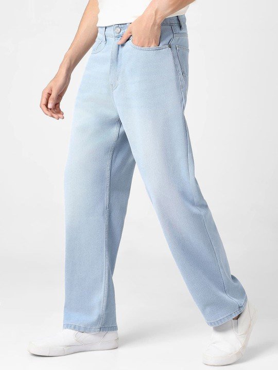 Men's Ice Blue Loose Baggy Fit Washed Jeans Non-Stretchable