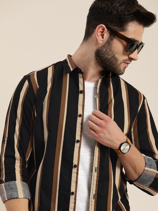 Men Black & Brown Striped Slim Fit Casual Shirt