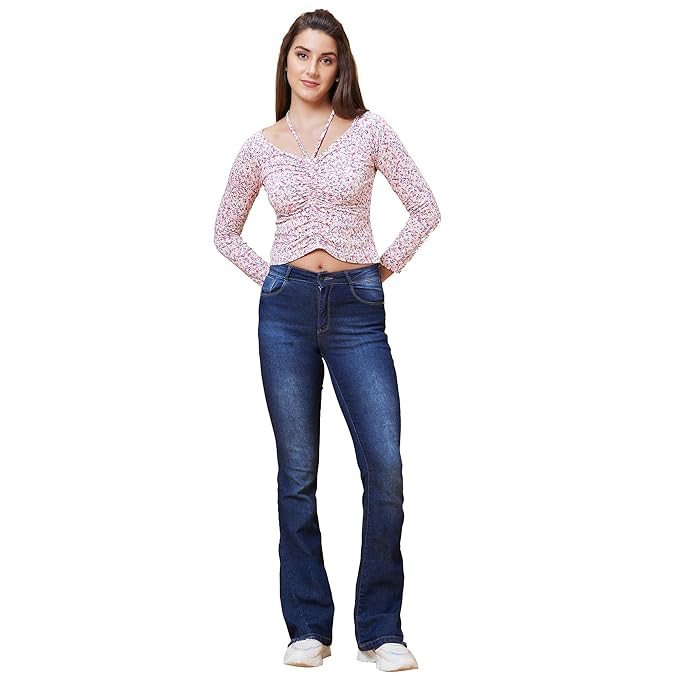 Globus Women Pink Floral Print Ruched Tie-Up Neck Casual Crop Top