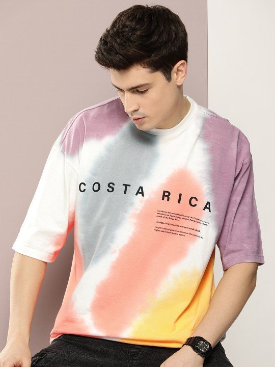 Typography Printed & Dyed Drop-Shoulder Sleeves Pure Cotton Oversized T-shirt