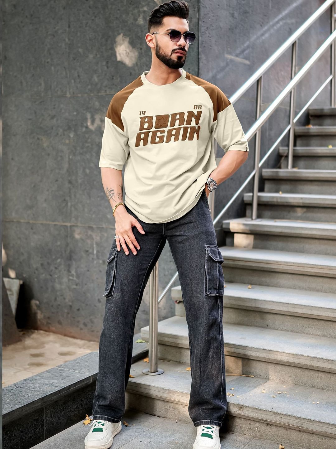 Typography Printed Round Neck Raglan Half Sleeve Cotton T-Shirt