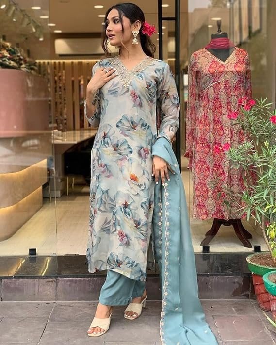Shiv Textiles NylonEmbroidery Kurta Set For Women (JD-MAHIRA-GREY-L)
