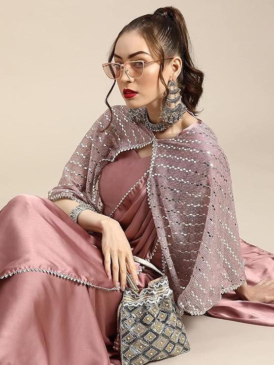 Womanista Women's Satin Saree with Embellished Cape (WM1946_Pink)